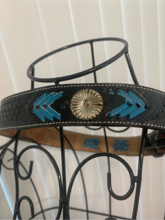 Accessories - Black Leather Women's Belt with Turquoise leather and Concho Accent